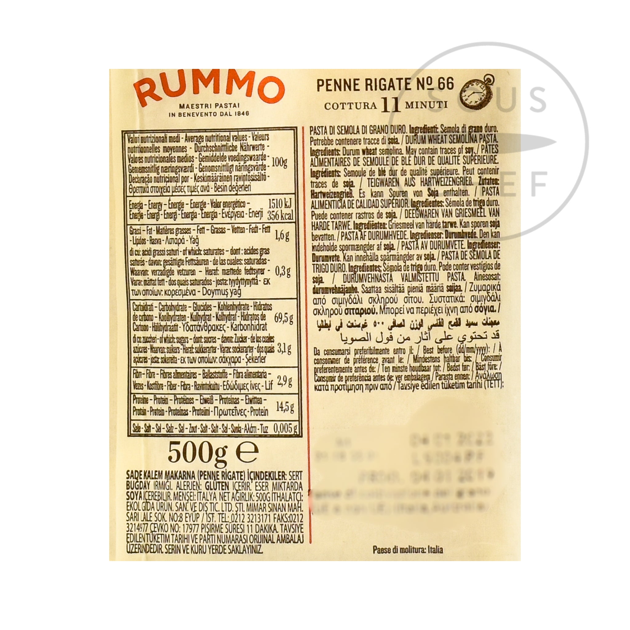 Rummo Penne Rigate 500g nutritional information ingredients
