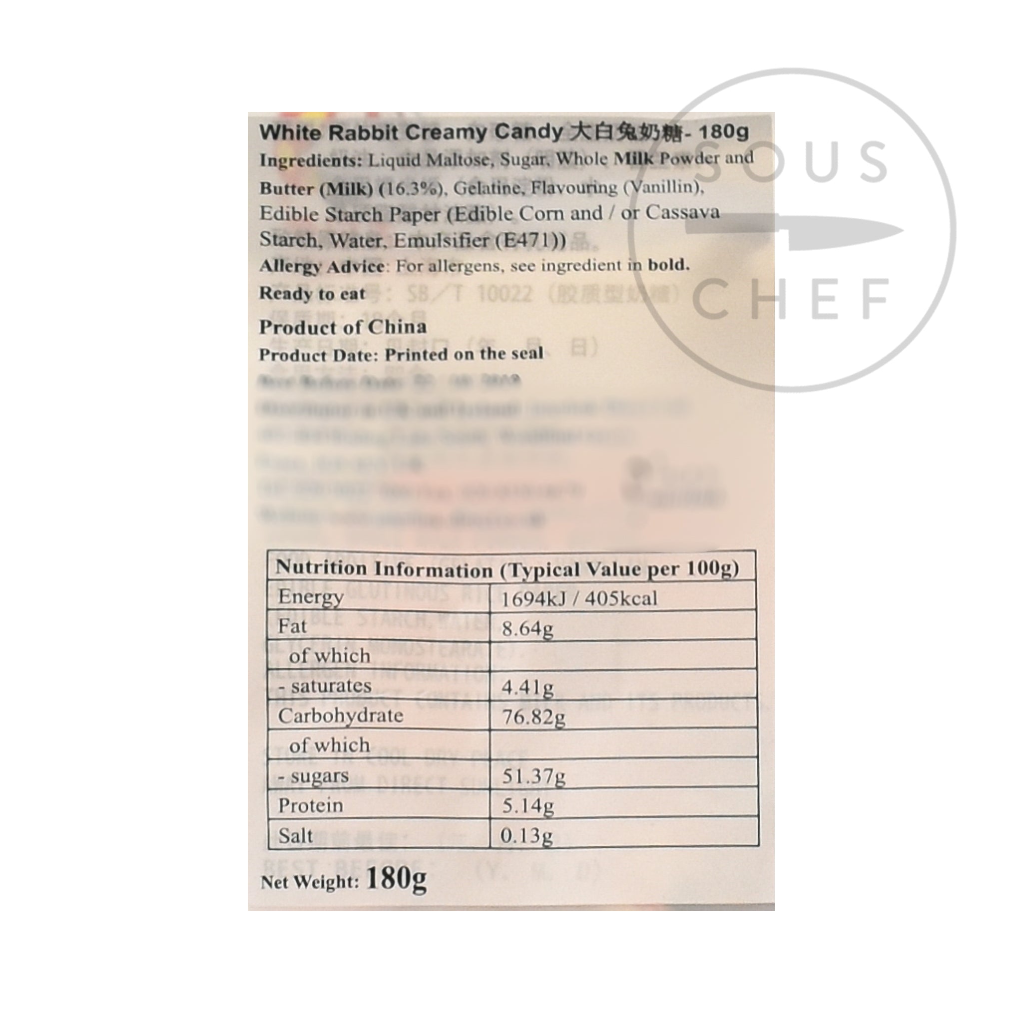White Rabbit Candy 180g nutritional information ingredients