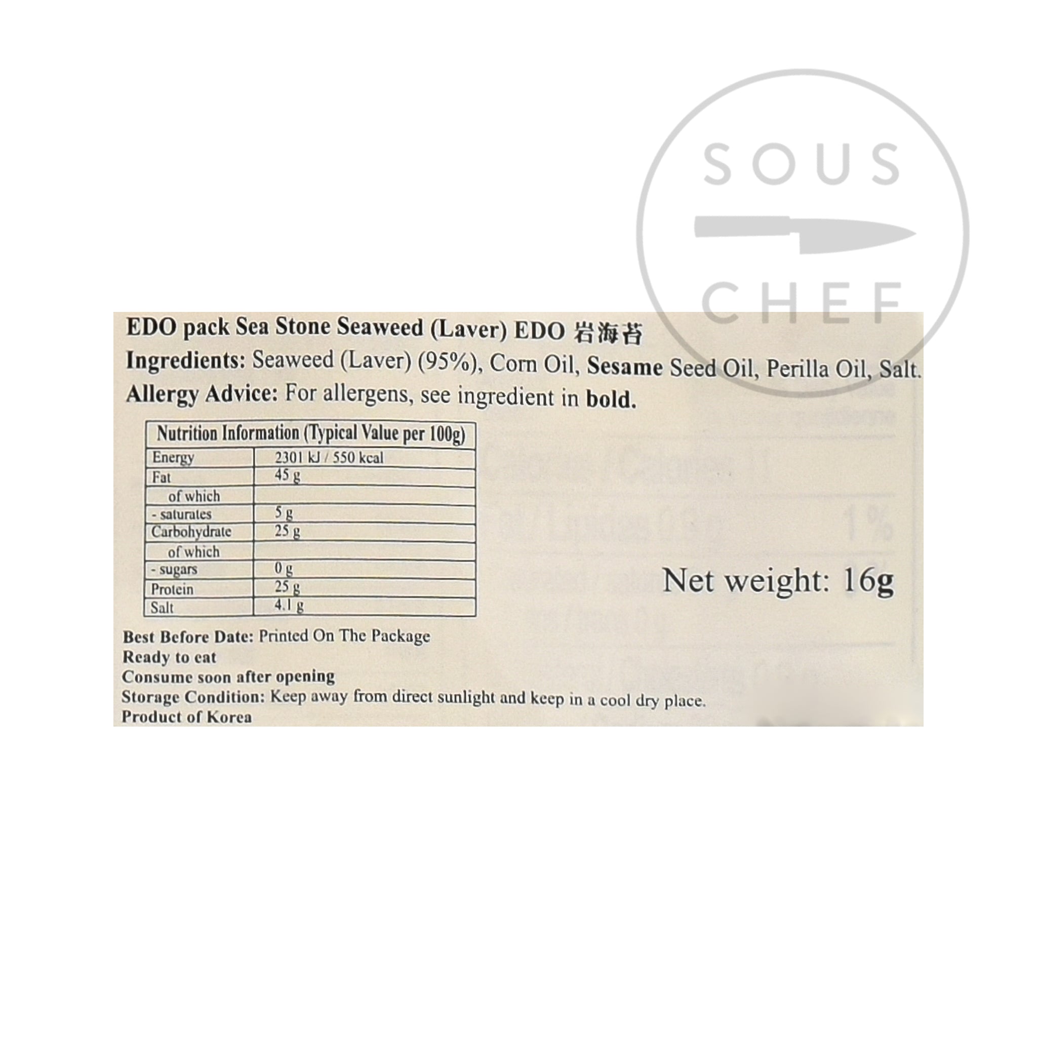 Seasoned Seaweed Snack Pack 20g nutritional information ingredients
