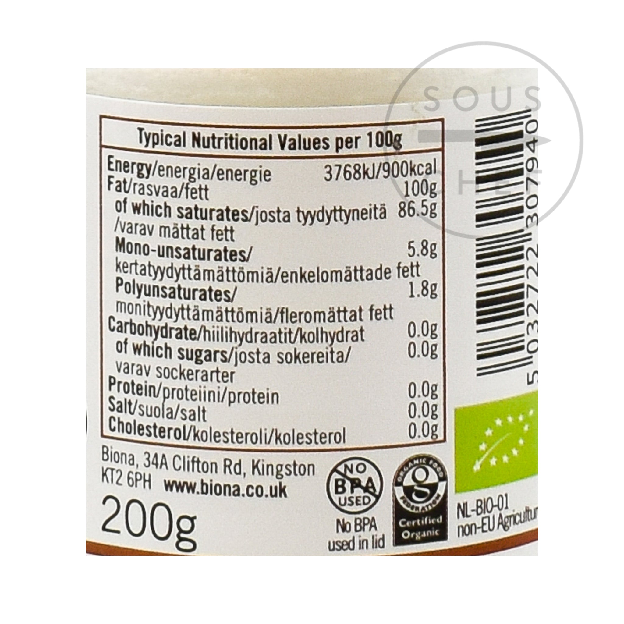 Organic Virgin Coconut Oil 200ml nutritional information