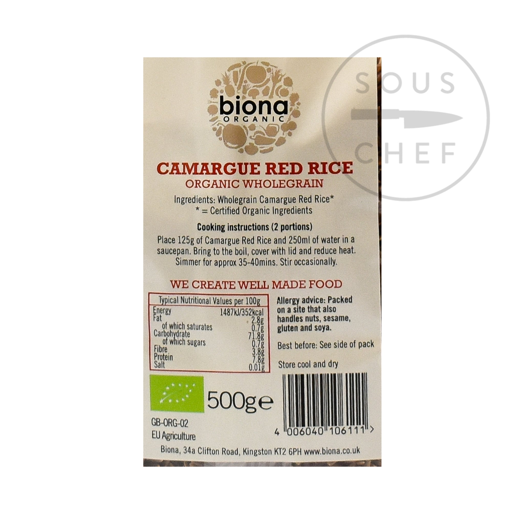 Organic Camargue Red Rice 500g nutritional information ingredients
