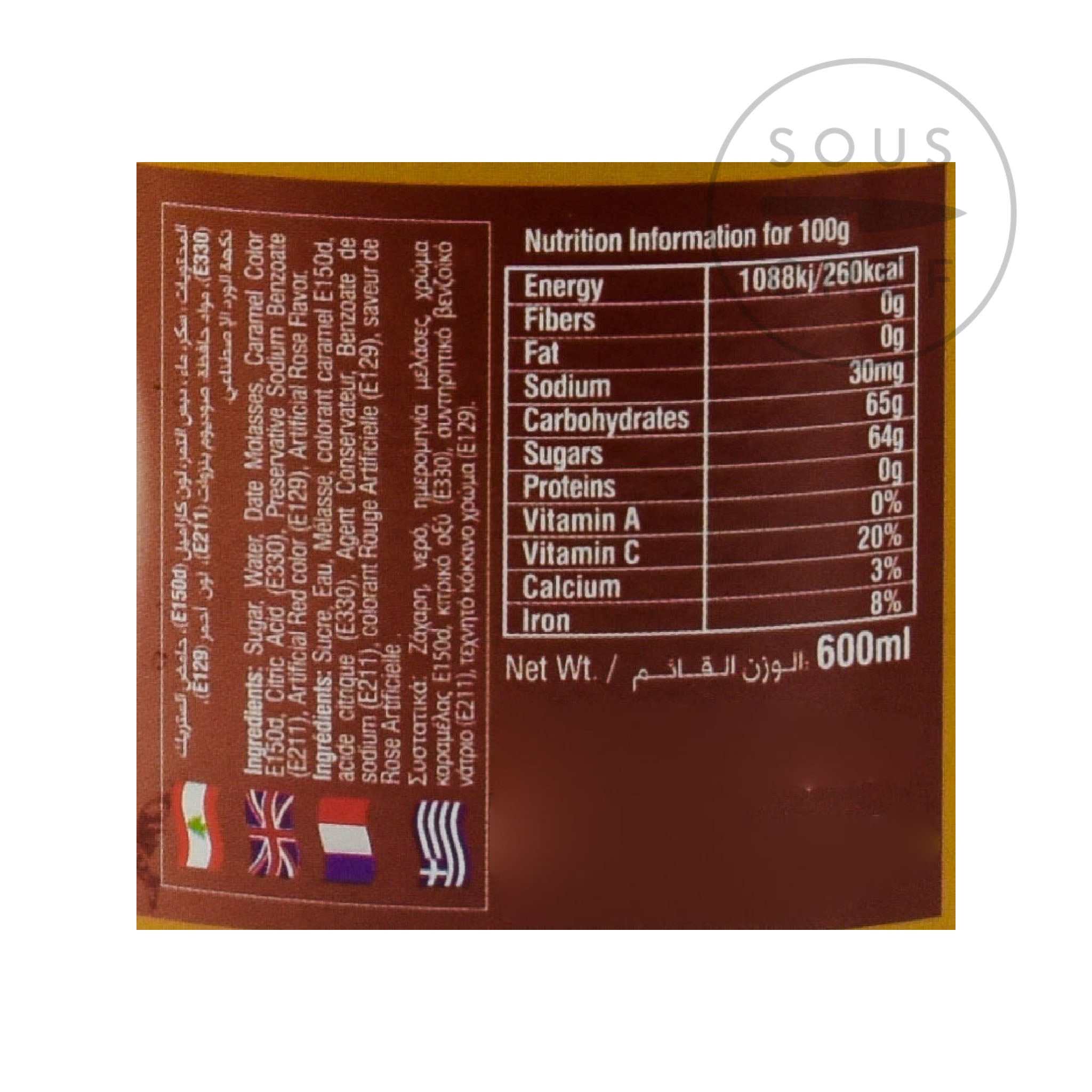 Jallab Syrup 600ml nutritional information ingredients