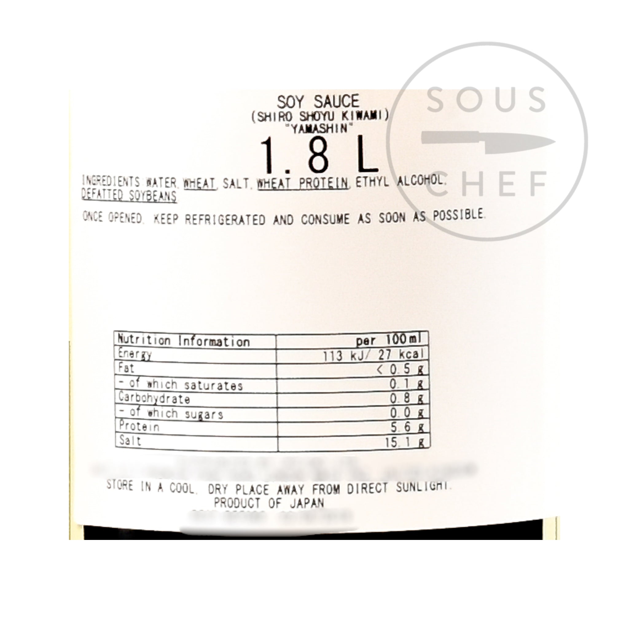 White Soy Sauce - Yamashin Shiro Shoyu 1.8l nutritional information ingredients