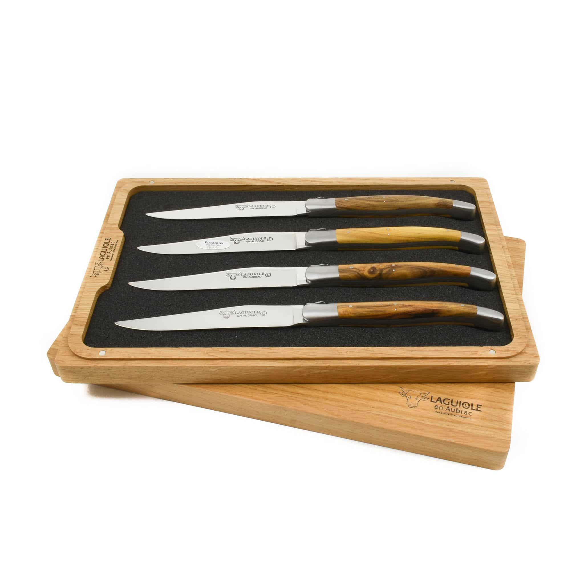 Laguiole en Aubrac Set of 4 Full Handle Steak Knives, Pistachio Wood