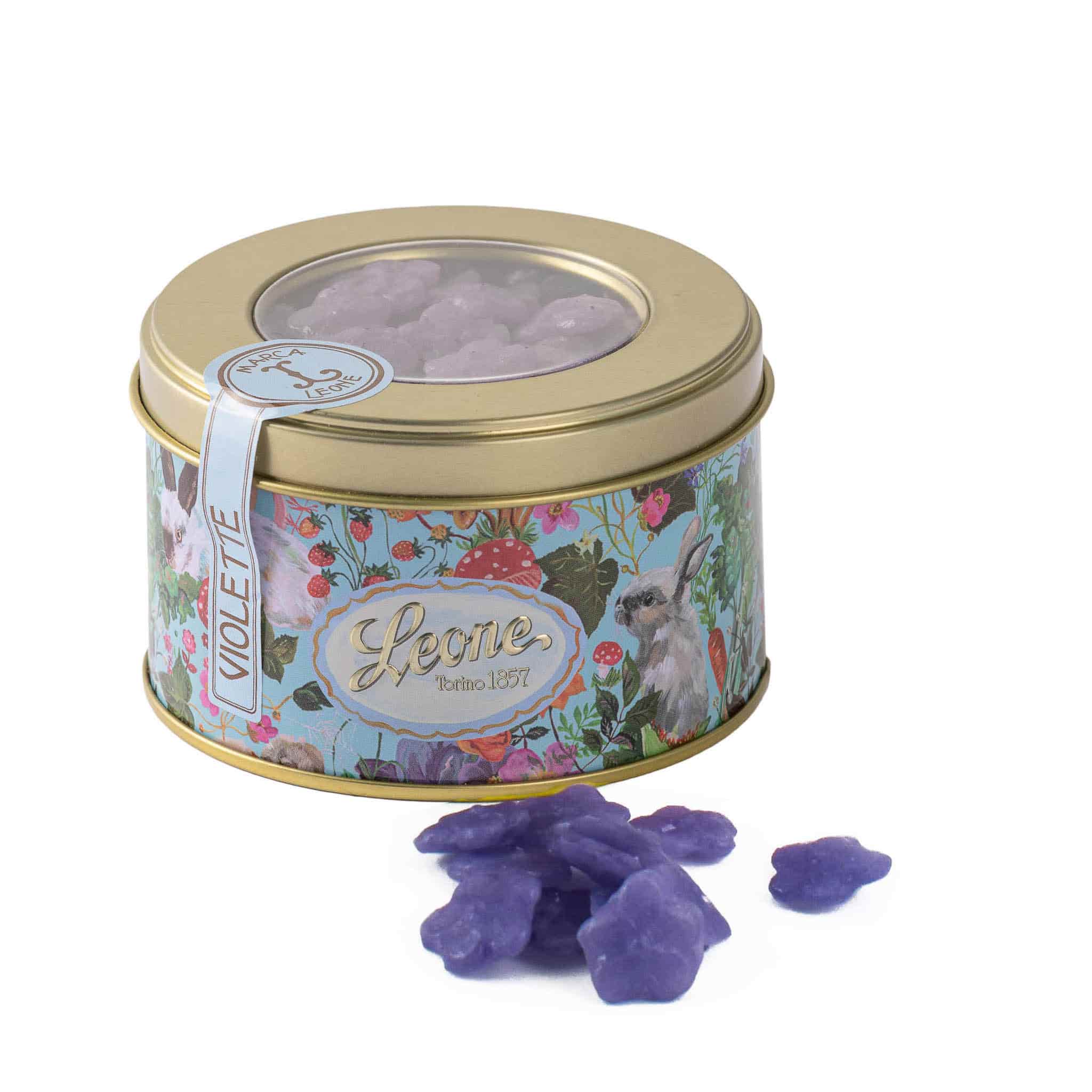 Leone Violet Candy Drops Round Gift Tin 150g