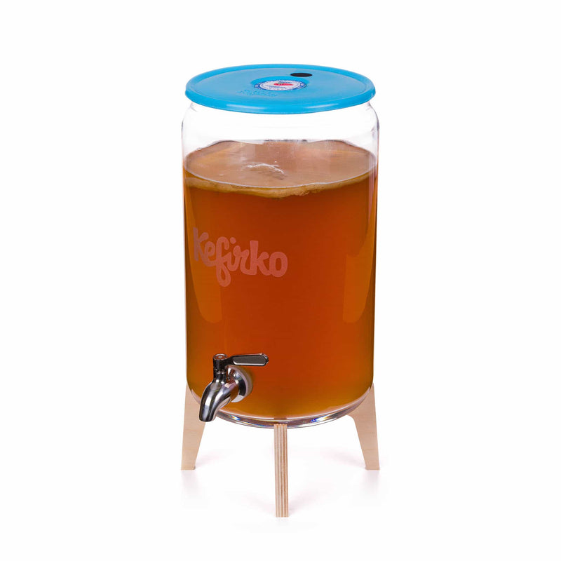 Kerfiko Blue Kombucha Glass Fermenter with Spigot and Wooden Stand, 7L