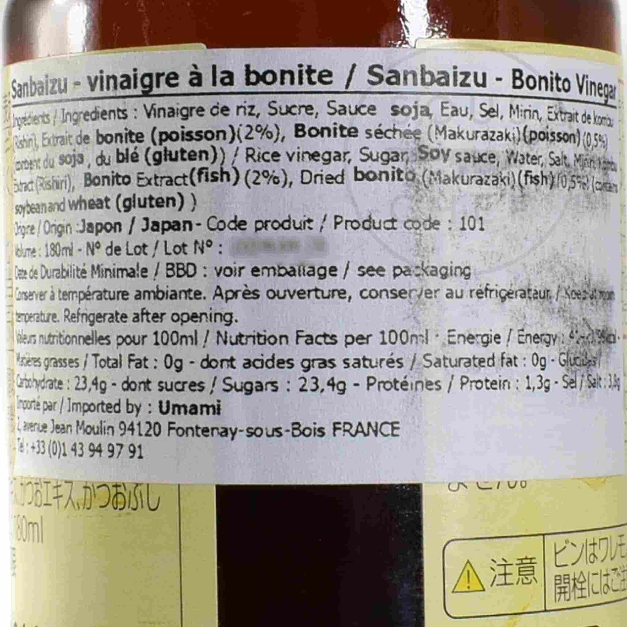Sanbaizu Vinegar With Bonito 180ml Ingredients
