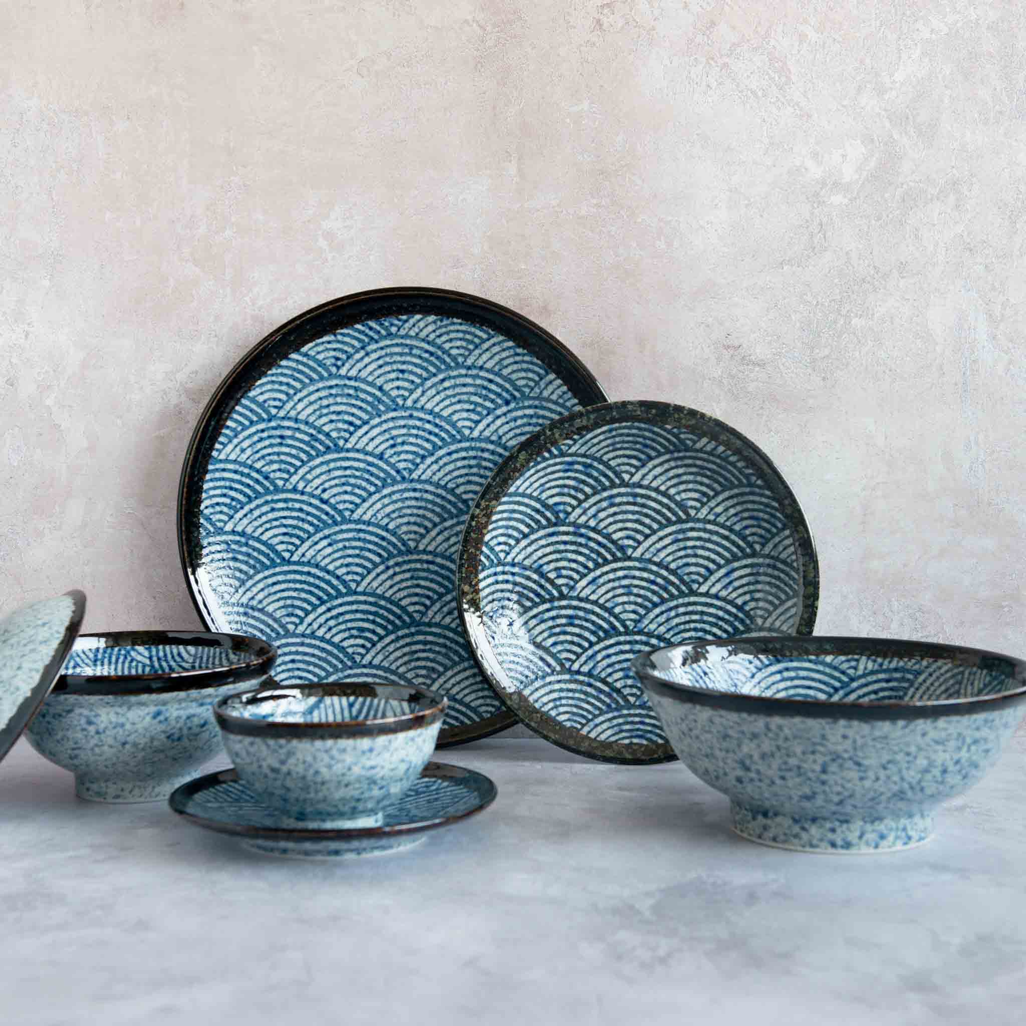 Kiji Stoneware & Ceramics Blue Wave Large Shallow Bowl Tableware Japanese Tableware