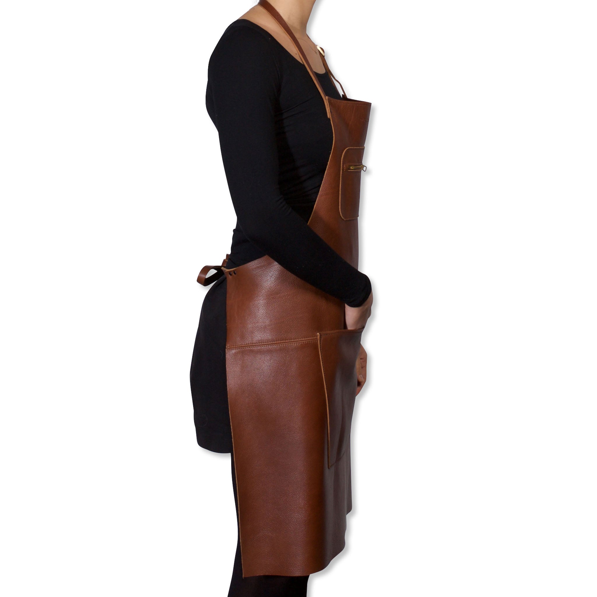 Dutchdeluxes Leather Zipper Apron in Classic Brown Cookware Kitchen Clothing