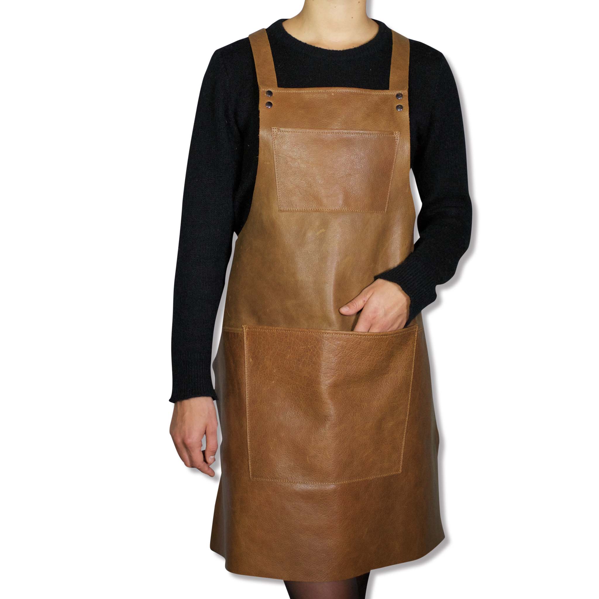 Dutchdeluxes Leather Suspender Apron in Vintage Camel Cookware Kitchen Clothing