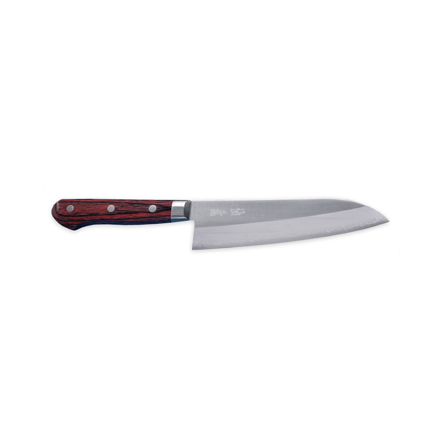 A Japanese santoku knife in AUS10 steel with a plain blade and a wooden handle.